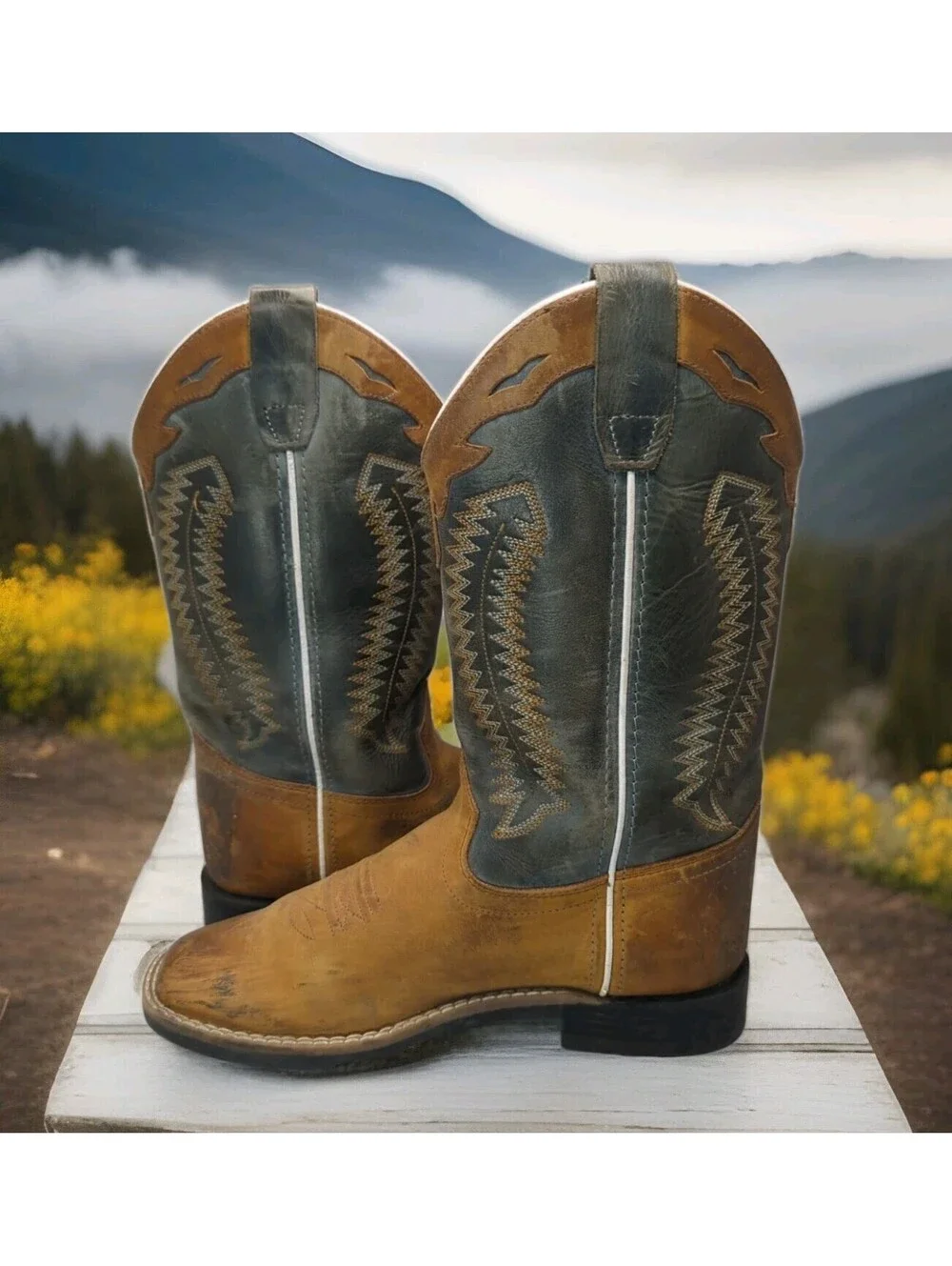 Cody James Brown & Green Square Toe Western Cowboy Boots Mens Boys 5 / Womens 6